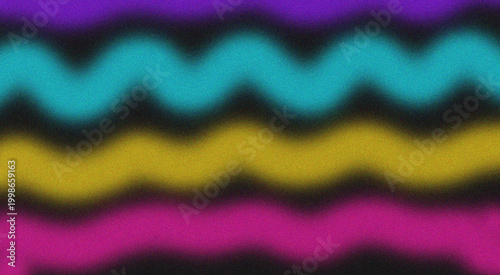 Vibrant wavy stripes in purple, teal, yellow, and magenta with a grainy texture