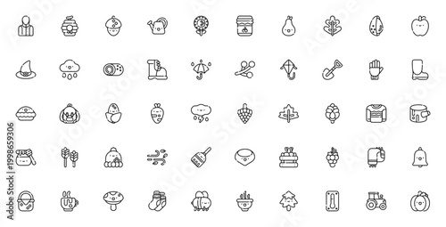 Autumn icon set. Vector illustration pack with harvest symbols like pumpkin, apple, leaf, acorn, sunflower, raincoat, boot, basket, and more.