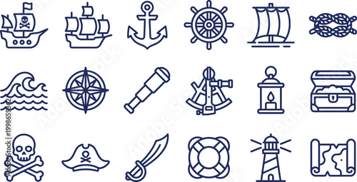 Set of nautical maritime icons featuring pirate ships and vintage sailing adventure equipment for creative design projects