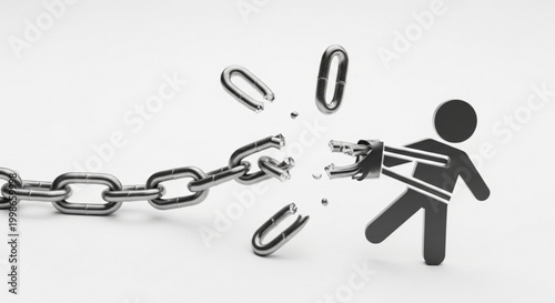 Symbolic 3d render of human figure breaking iron chains