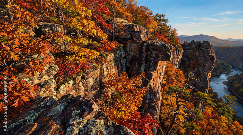 Obraz premium Dramatic autumn cliff face rendered in hyperrealistic oil painting style with vivid details