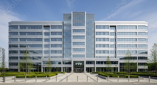 modern office building with glass facade and blue sky
