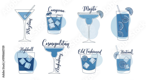 Cocktail Collection: Mojito, Cosmopolitan, Old Fashioned, Highball Drinks