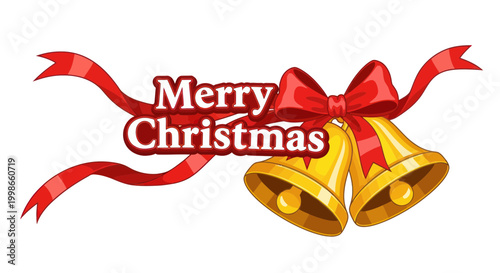 Merry Christmas bells with red ribbon banner, festive holiday greeting
