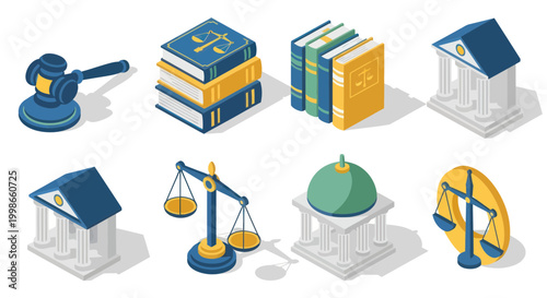 Law icons, justice symbols, legal graphic elements, isometric vector illustration