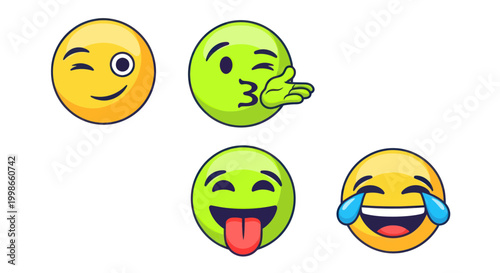 Set of four expressive emoji faces on white background, winking, kissing, laughing, and silly