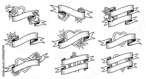 Obraz na plátně Vintage Tattoo Style Banners with Hearts, Roses and Anchors - Hand Drawn Vector