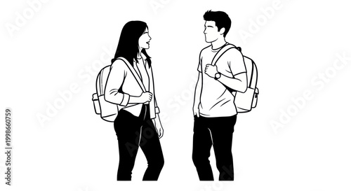 Young Couple Backpackers Standing Together, White Background, Minimalist Line Art