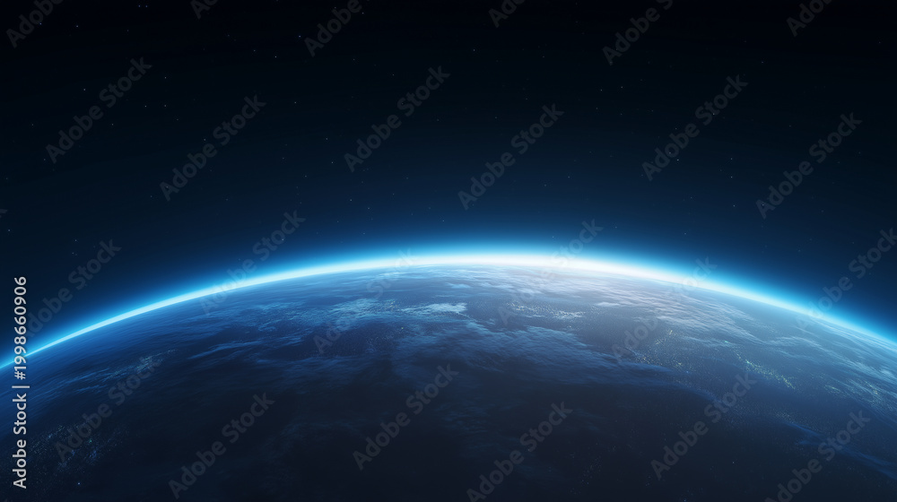 Fototapeta premium Earth horizon from deep space with glowing blue atmosphere, realistic planet curvature under starry black sky, cinematic orbital view, astronomy background and peaceful global envi