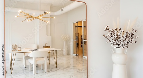 modern dining room interior with mirror reflection