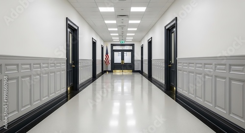 empty office hallway with doors and american flag