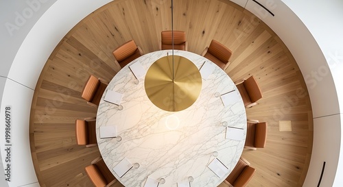 overhead view of modern office conference room with round wooden table and chairs