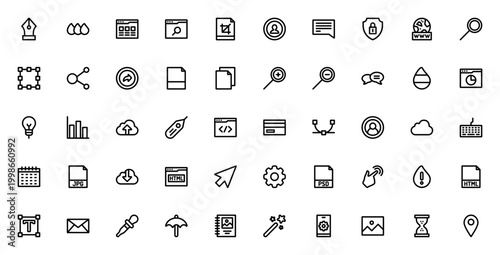 Web design icon set. Vector toolkit for UI/UX, development and graphics. Includes tools for security, user, cloud, editing, coding and more. Editable stroke.