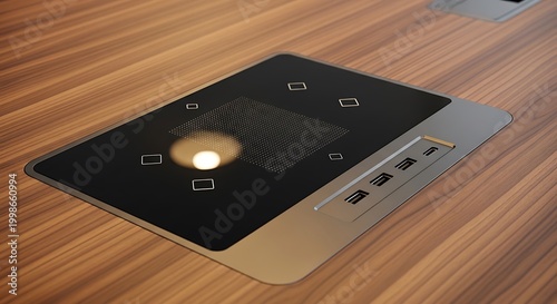 Modern laptop touchpad with finger gesture on wooden desk in warm lighting