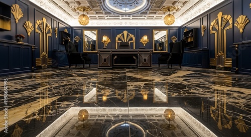 Luxurious office interior with gold accents and marble floor