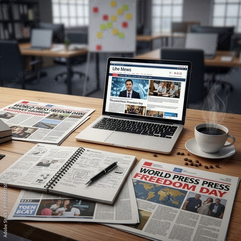 Obraz premium A desk in an office setting with a laptop displaying news, newspapers, a notebook, and coffee, symbolizing journalism and information.