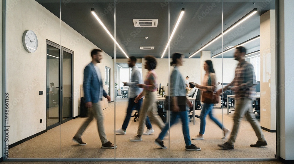 Fototapeta premium Diverse Business Professionals Moving in Dynamic Modern Office Corridor