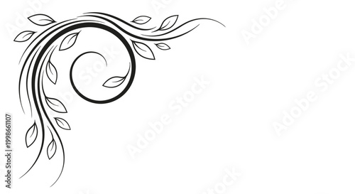 Simple Outline Corner Design with Swirling Leaves and Minimalist Floral Ornament on Isolated White Background