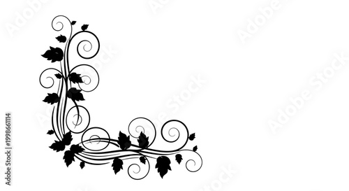 Elegant Black Floral Corner Design with Swirling Vine and Leaf Silhouette on Isolated White Background