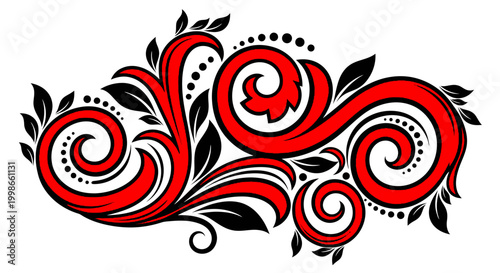 Bold Red and Black Baroque Style Floral Scroll Design on Isolated White Background