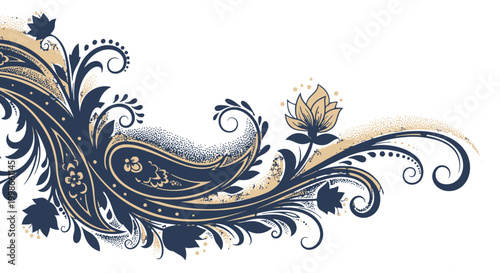 Ornate Dark Blue and Gold Paisley Floral Swirl Design on Isolated White Background