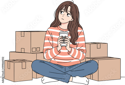 Thoughtful Woman with Coffee Cup Among Moving Boxes
