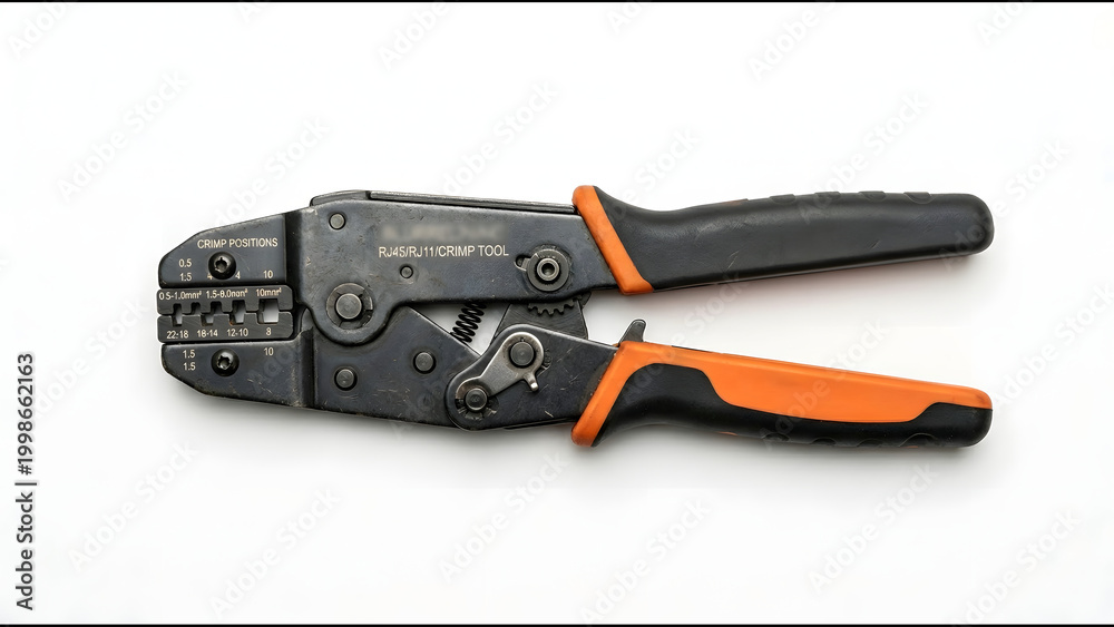 Fototapeta premium Crimping Tool Ratcheting Gray Heavy Duty Metal Frame Interchangeable Die Flat Lay on Pure White Matte Background Overhead View