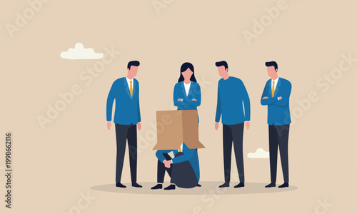 Fotografie Business teams together industrial misfortune and unlucky, bankruptcy or fail entrepreneur concept, depressed businessman sitting covered his head with box, shameful cannot face people or society