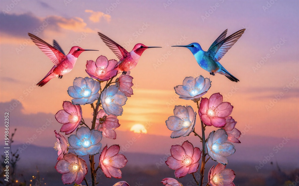 Fototapeta premium Colorful hummingbirds fly among glowing pink and blue flowers at