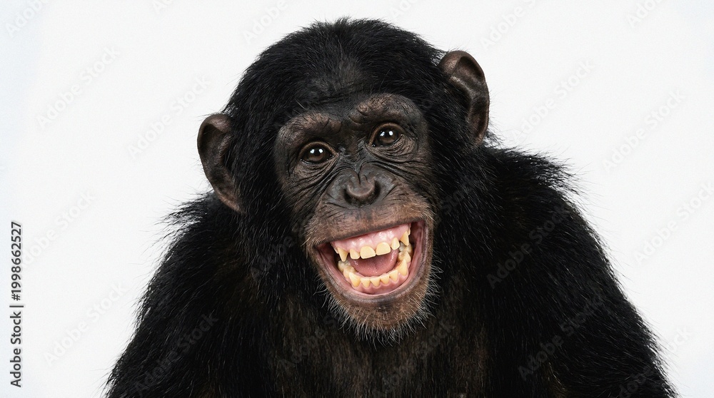 Fototapeta premium Joyful Chimpanzee Grinning Widely with Open Mouth on White Background