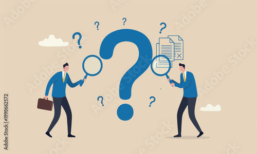 Suspicious or partner, doubtful or pretending, analyzing fake or fraud, concerned or question of business transparency concept, suspicious businessman analyze each other with magnifying glass