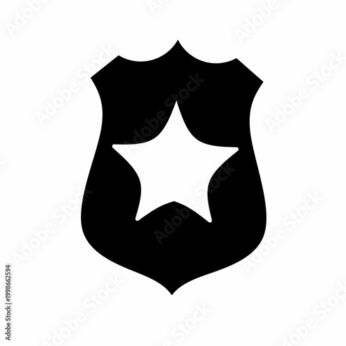 Ilustrasi Vektor Siluet Lencana Polisi dengan Bintang, Ikon Perisai Keamanan Hitam Minimalis untuk Lambang Hukum, Perlindungan, Otoritas, dan Penegakan Keadilan, Terisolasi pada Latar Belakang Putih