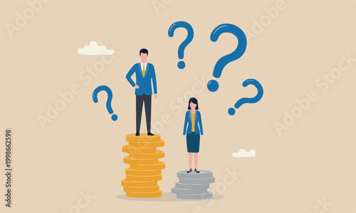 Gender pay, inequality between man and woman wage, salary or income, issue about gender diversification concept, businessman standing on much more paid money coins, woman on less small income coin