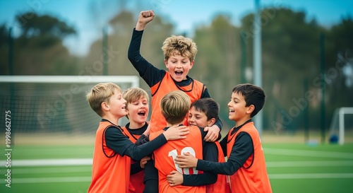 Happy children, boys team, celebrating sports victory, young friends