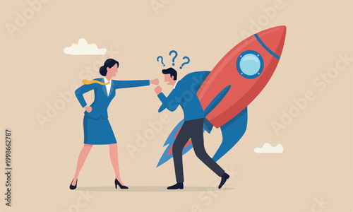 Success competition, big red rocket woman leadership or challenge to overcome or defeat enemy concept, strong confidence businesswoman leader punch a businessman knockout winning