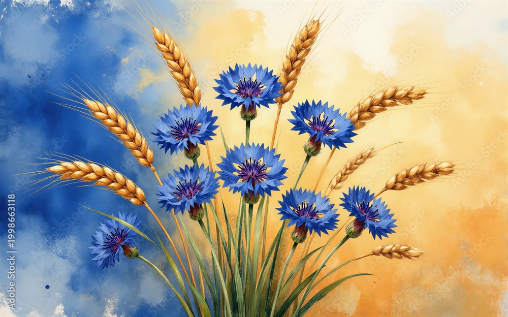 Obraz premium Blue flowers and golden wheat against a vibrant painterly sky.