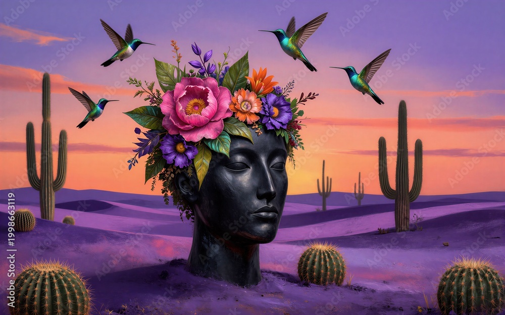 Fototapeta premium A serene desert scene with a floral head hummingbirds flying above.