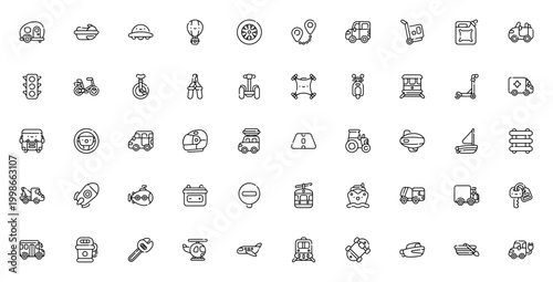 Vehicles and Transport icon set. Vector transport icons pack. Includes car, bike, airplane, truck, ship, helicopter, scooter, drone, rocket and more. Editable stroke.