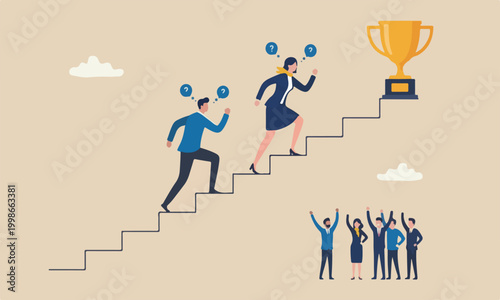 Business competition, meeting teams together businessman and businesswoman walk stair compete trophy