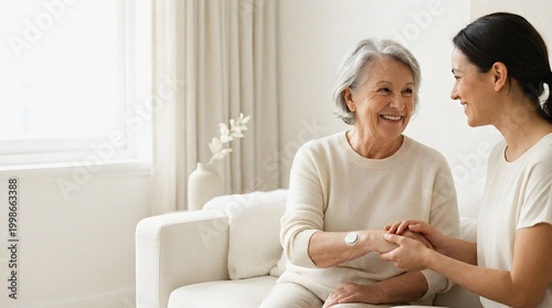 Happy Elderly Woman with CGM Receiving Intergenerational Home Care Support