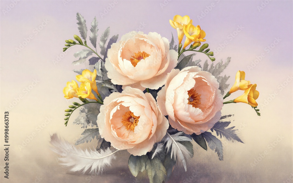 Fototapeta premium Soft pink peonies and yellow freesias in a vase with delicate