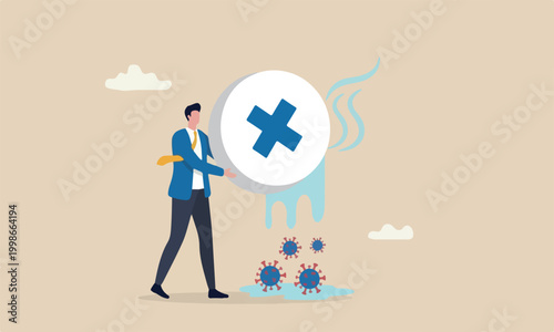 Coronavirus COVID-19 medicine or vaccine discovery, drugs to cure COVID-19 flu concept, doctor holding big tablet medicine or drugs with recovery effect to kill Coronavirus pathogen to melt to death