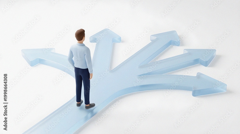 Obraz premium Strategic Choice: Figure at Crossroads Multiple Future Path Arrows