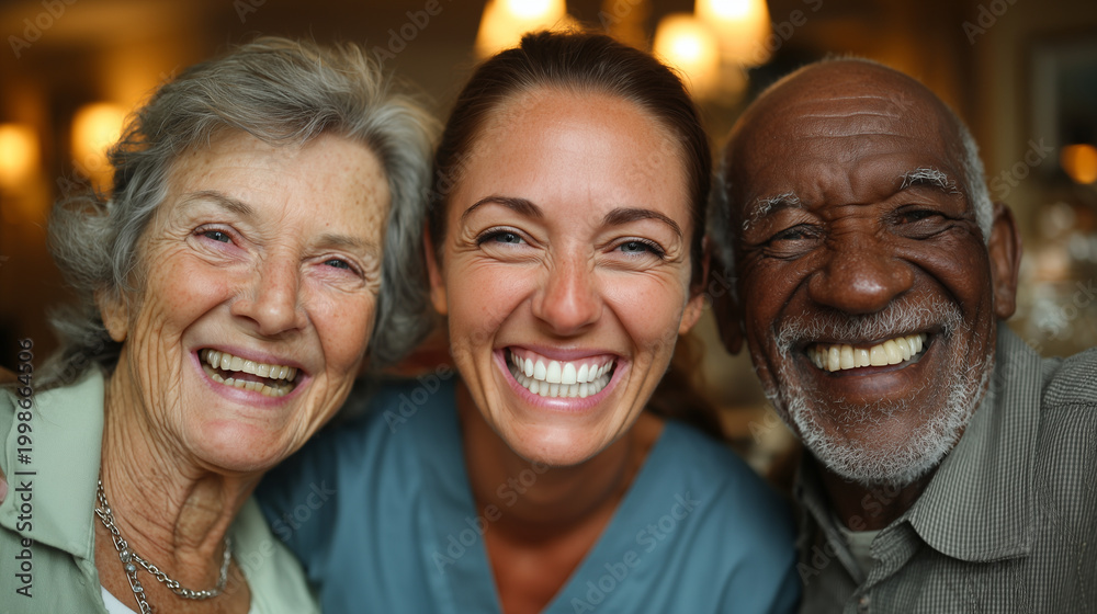 Fototapeta premium Three people smile warmly at the camera. Younger woman stands between two older adults. Their joyful expressions show deep affection and connection. Perfect for family, senior care