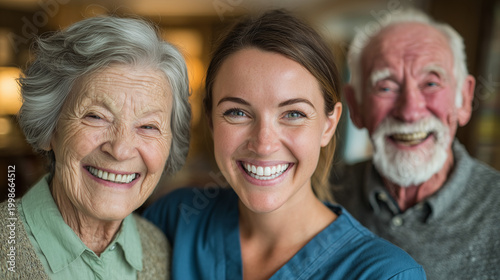 Warm smiles fill the scene with joy and connection. Young caregiver hugs two elders, radiating kindness and care. Elderly couple beams back, eyes glowing with happiness