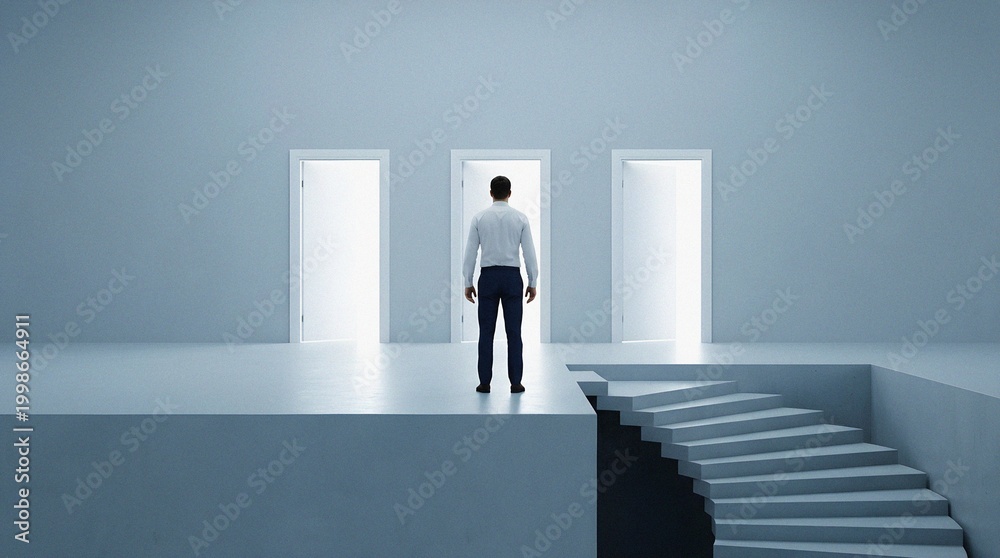 Fototapeta premium Man at a crossroads contemplating his future choice between open doors.