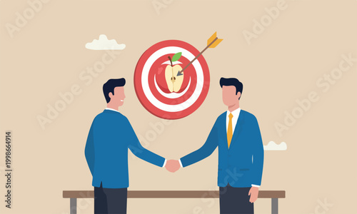 Trusted partner relation, collaboration or trust alliance concept, businessmen shaking hands agreement after finished danger risky apple shot archery show.