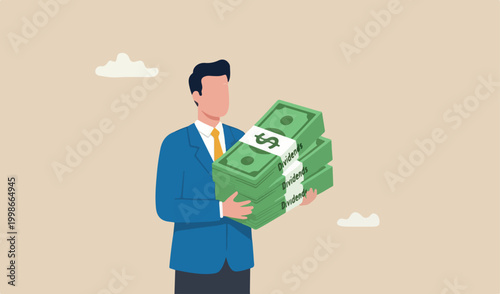 Dividends stock payment, passive income from dividend yield concept, rich and wealthy businessman hand holding pile of dollar money banknotes with word Dividends