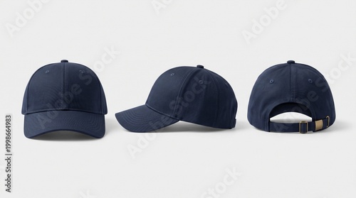 Navy baseball cap mockup in front, side, and back views, perfect for creator merch, embroidery branding, sportswear customization, and clean accessory mockups.