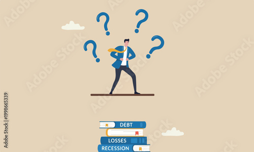 Investment economic the illustration is modern, flat design with clean lines and minimal shading. books payback concept, businessman standing on high jumping wood in the sky looking down with fear